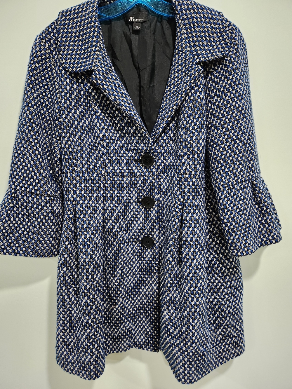 AB Studio Navy and White Houndstooth Pea Coat